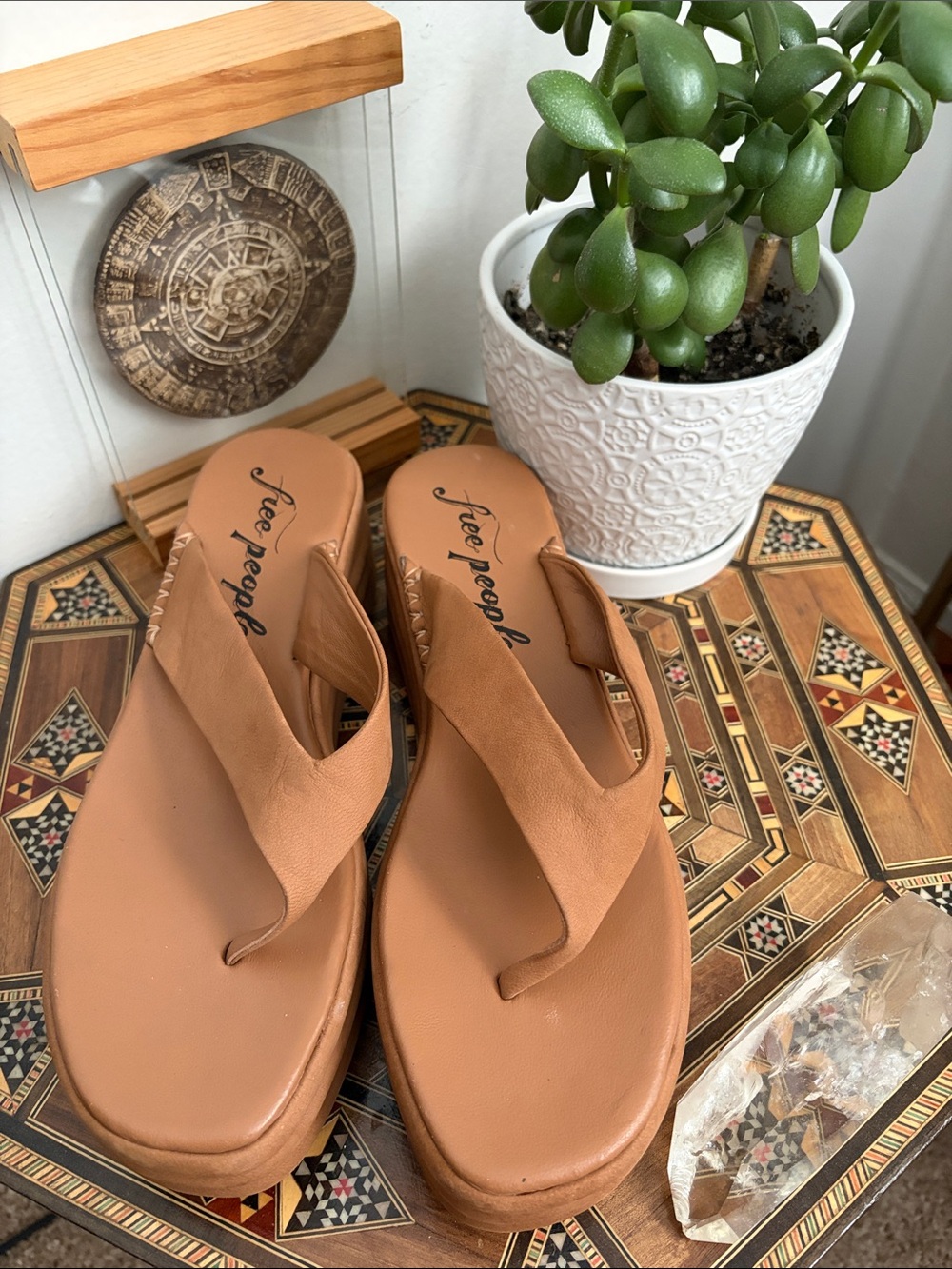 Free People Cognac Leather Platform Thong Sandals